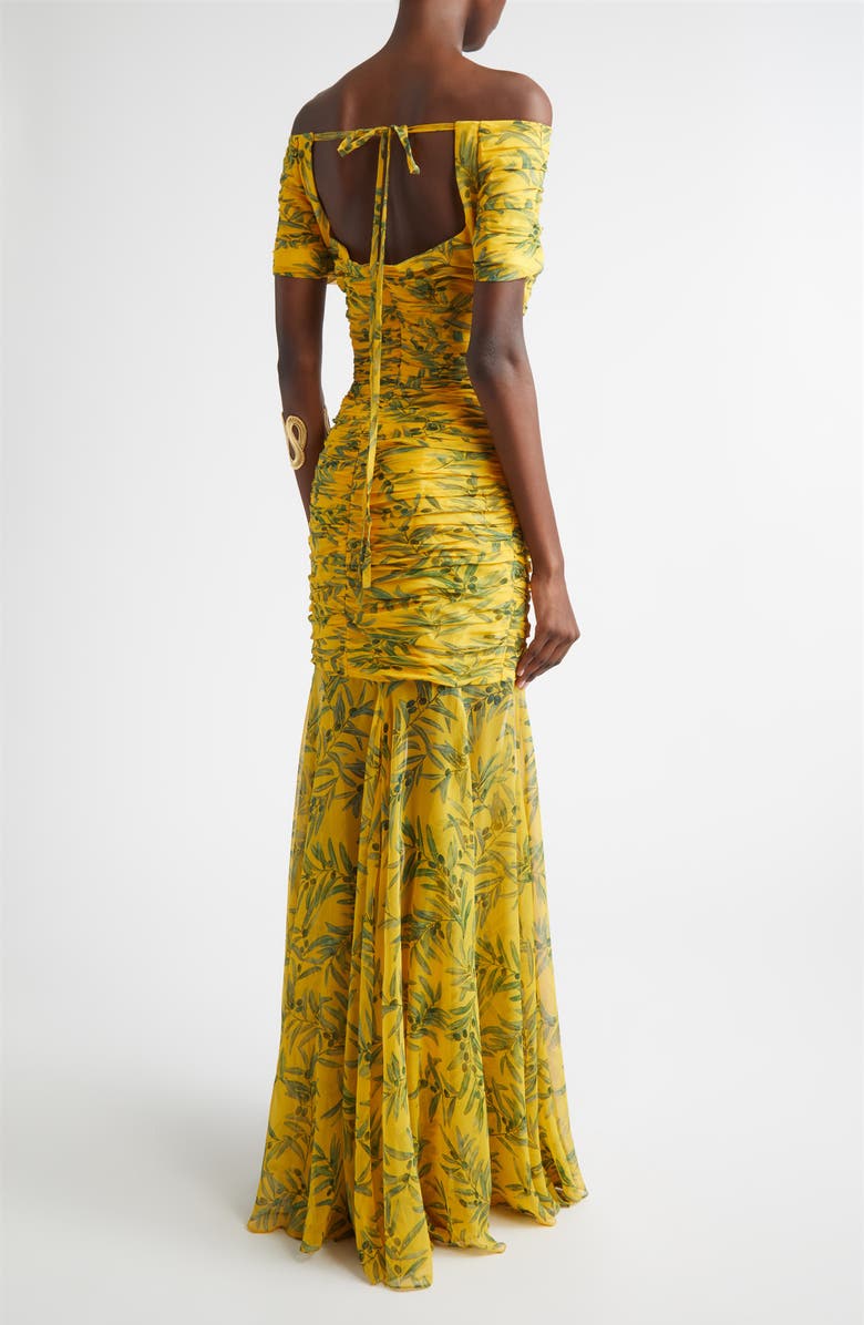 Carolina Herrera Olive Branch Off the Shoulder Silk Ruched Gown, Alternate, color, Daffodil/ Multi