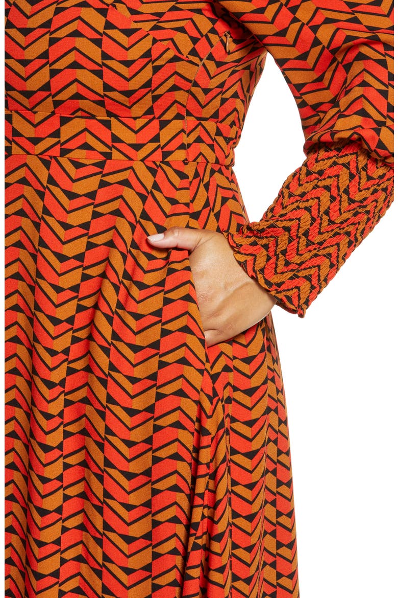 Tie Back Long Sleeve Dress, Alternate, color, RUST MULTI GEO PRINT