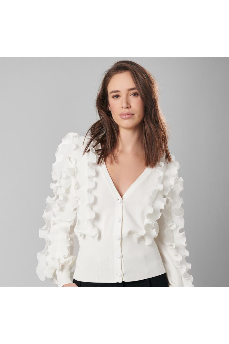 Women's  Ciline Black Long Sleeve Ruffle Cardigan, Alternate, color, White