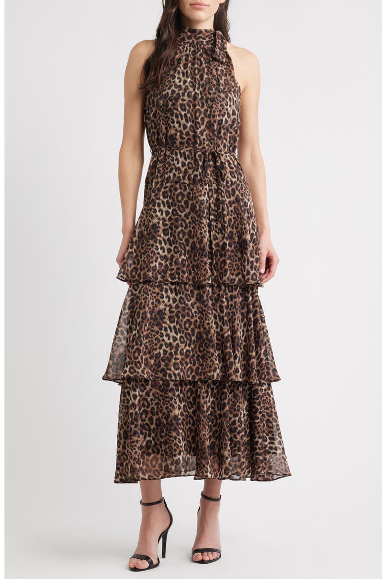 Leopard Print Tiered Maxi Dress, Main, color, BROWN BLACK