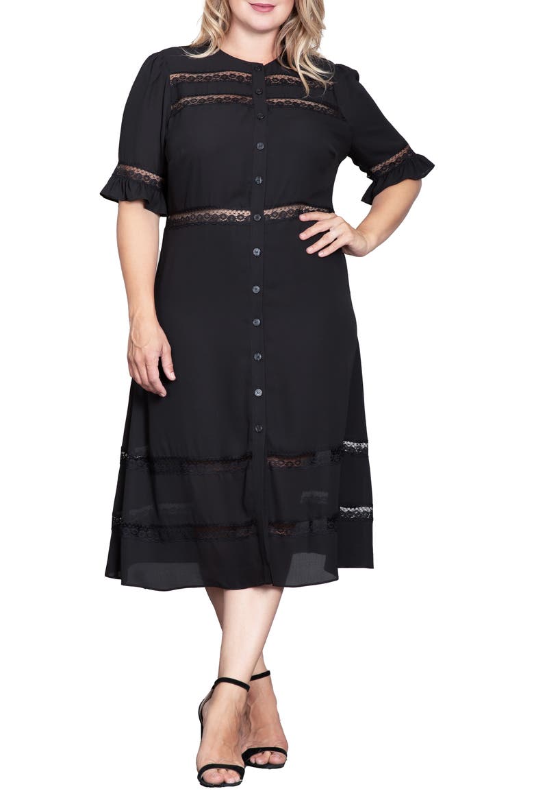 Lace Inset Georgette Midi Dress, Alternate, color, BLACK