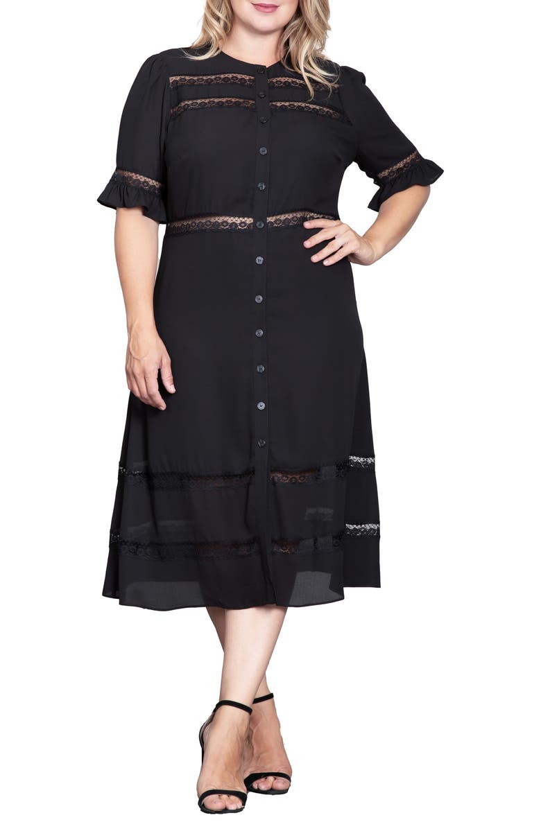 Standards & Practices Lace Inset Georgette Midi Dress, Alternate, color, Black