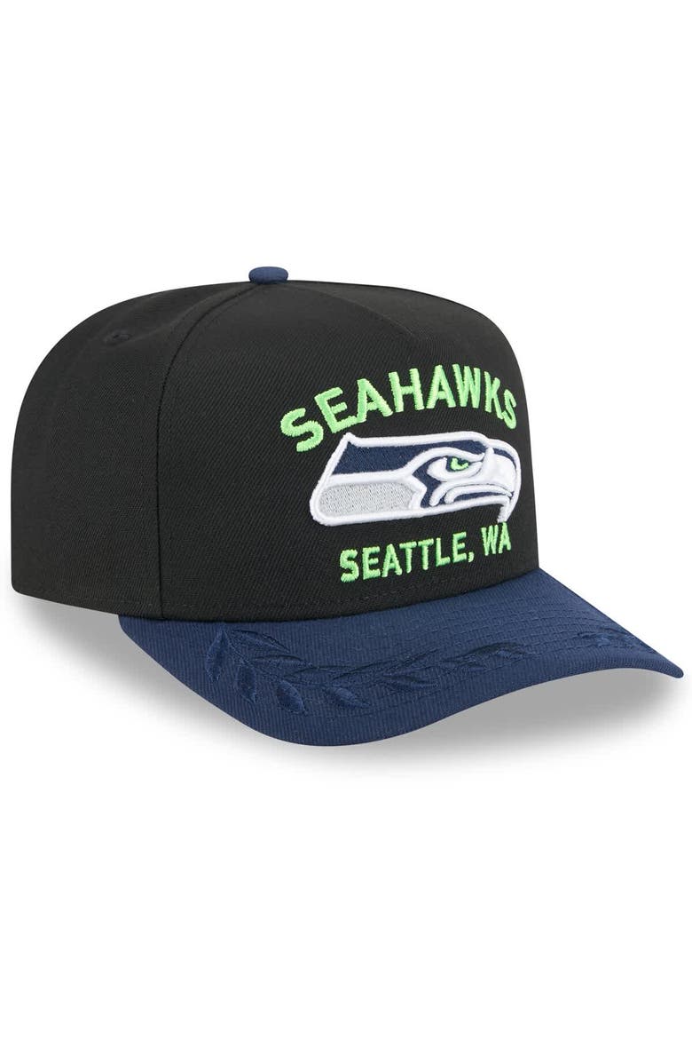 Men's New Era  Black/College Navy Seattle Seahawks 2025 NFL Draft A-Frame 9FIFTY Snapback Hat, Alternate, color, Black
