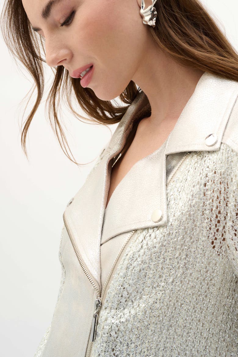 Faux Suede Foiled Knit Moto Jacket, Alternate, color, Champagne/Silver