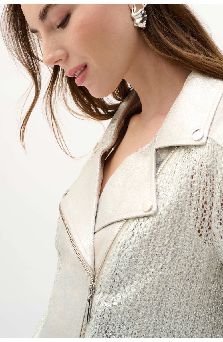 Joseph Ribkoff Faux Suede Foiled Knit Moto Jacket, Alternate, color, Champagne/Silver