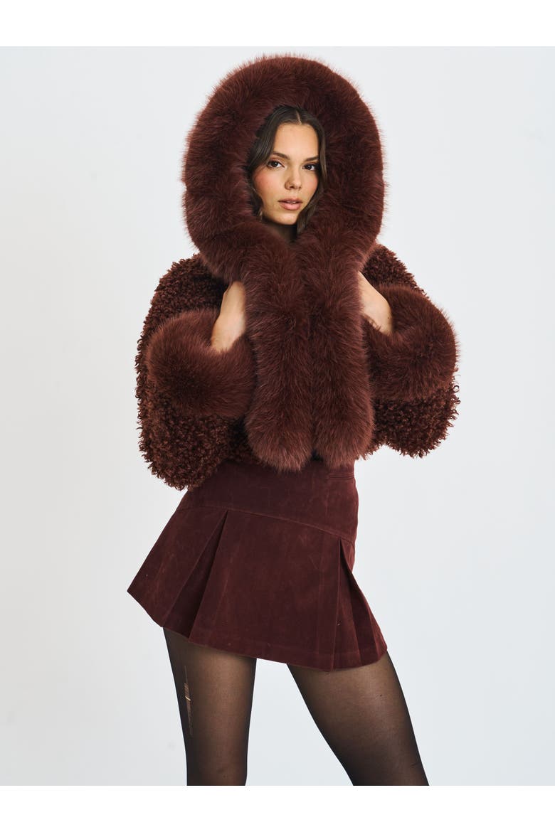 Cropped Kali Vegan Shearling Fur Hooded Jacket, Alternate, color, Mahogany