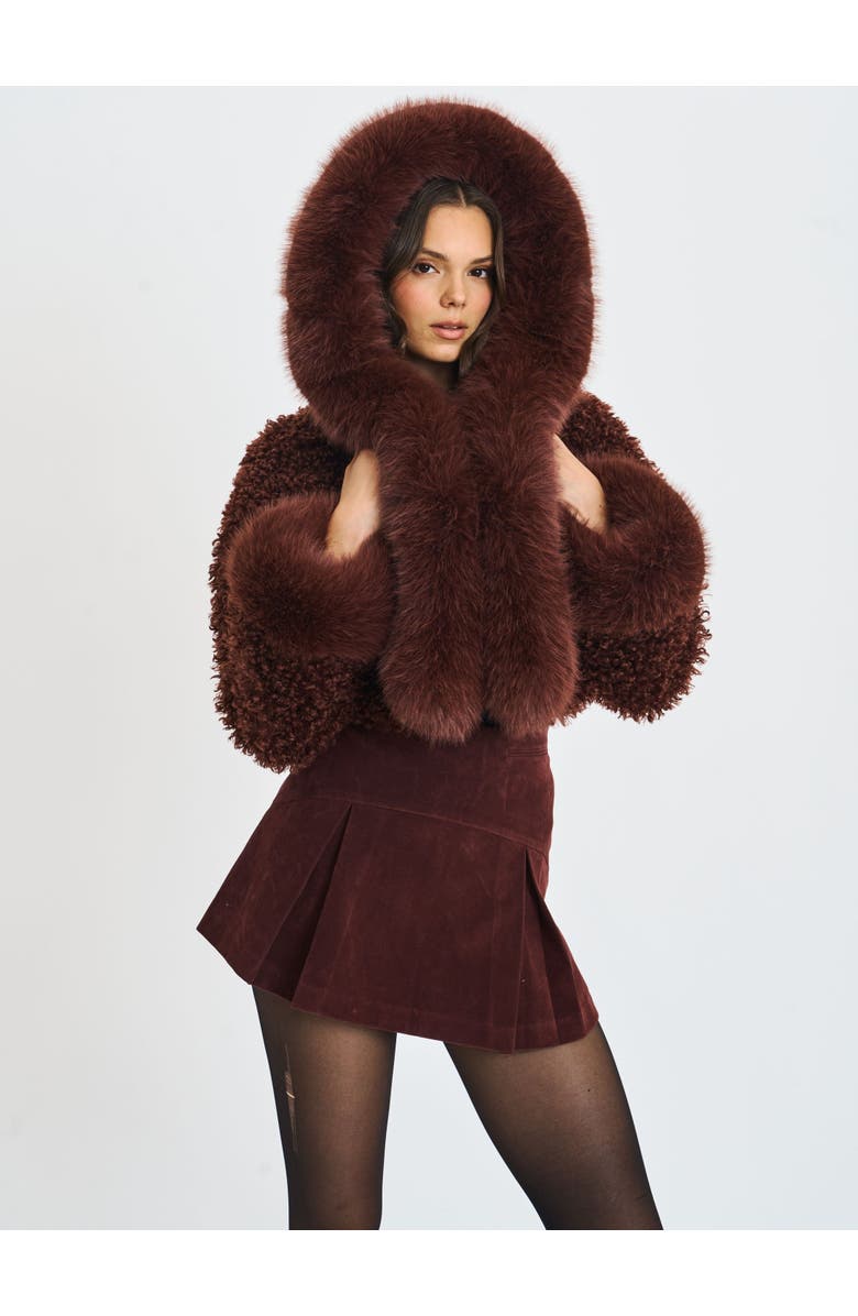 Miss Circle Cropped Kali Vegan Shearling Fur Hooded Jacket, Alternate, color, Mahogany