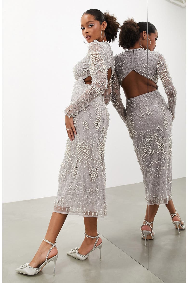 Imitation Pearl & Crystal Long Sleeve Midi Dress, Alternate, color, GREY