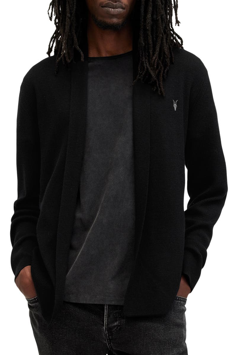AllSaints Mode Merino Wool Shawl Collar Cardigan, Alternate, color, Black