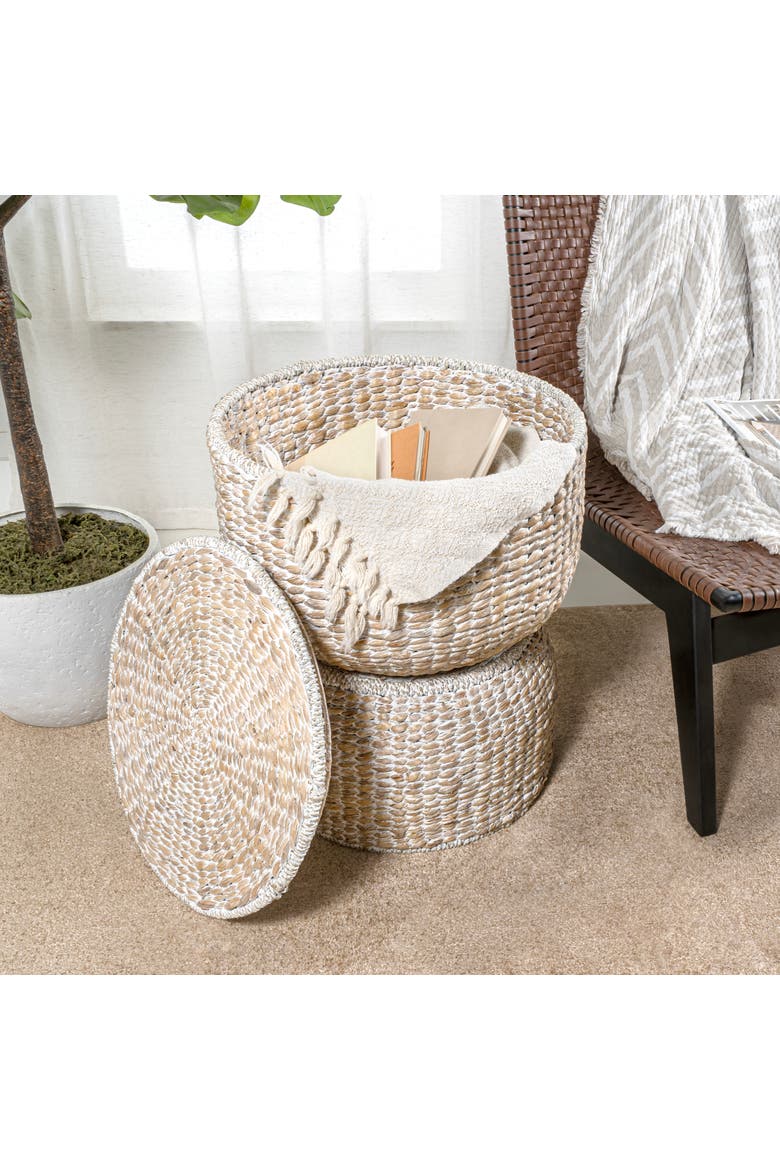Bhola Hourglass Handwoven Hyacinth Storage Accent Table with Lid, Alternate, color, White Wash