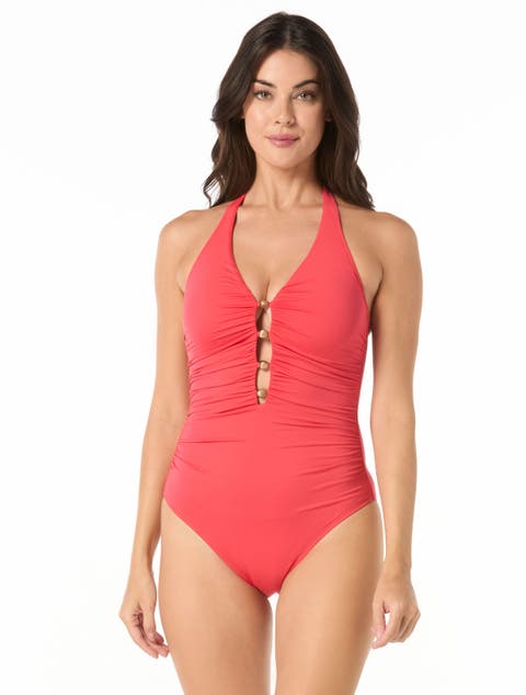 Shirred Front Beaded Plunge One-Piece Swimsuit
