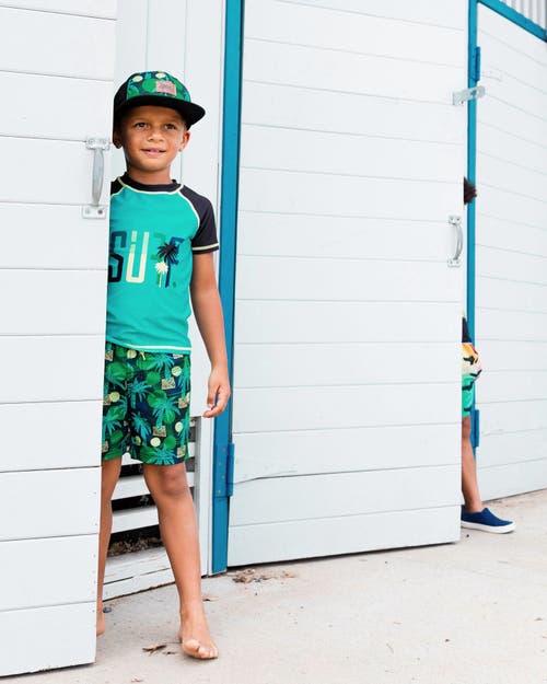 DEUX PAR DEUX DEUX PAR DEUX BOY'S PRINTED SWIM TRUNKS GREEN JUNGLE ON BLACK