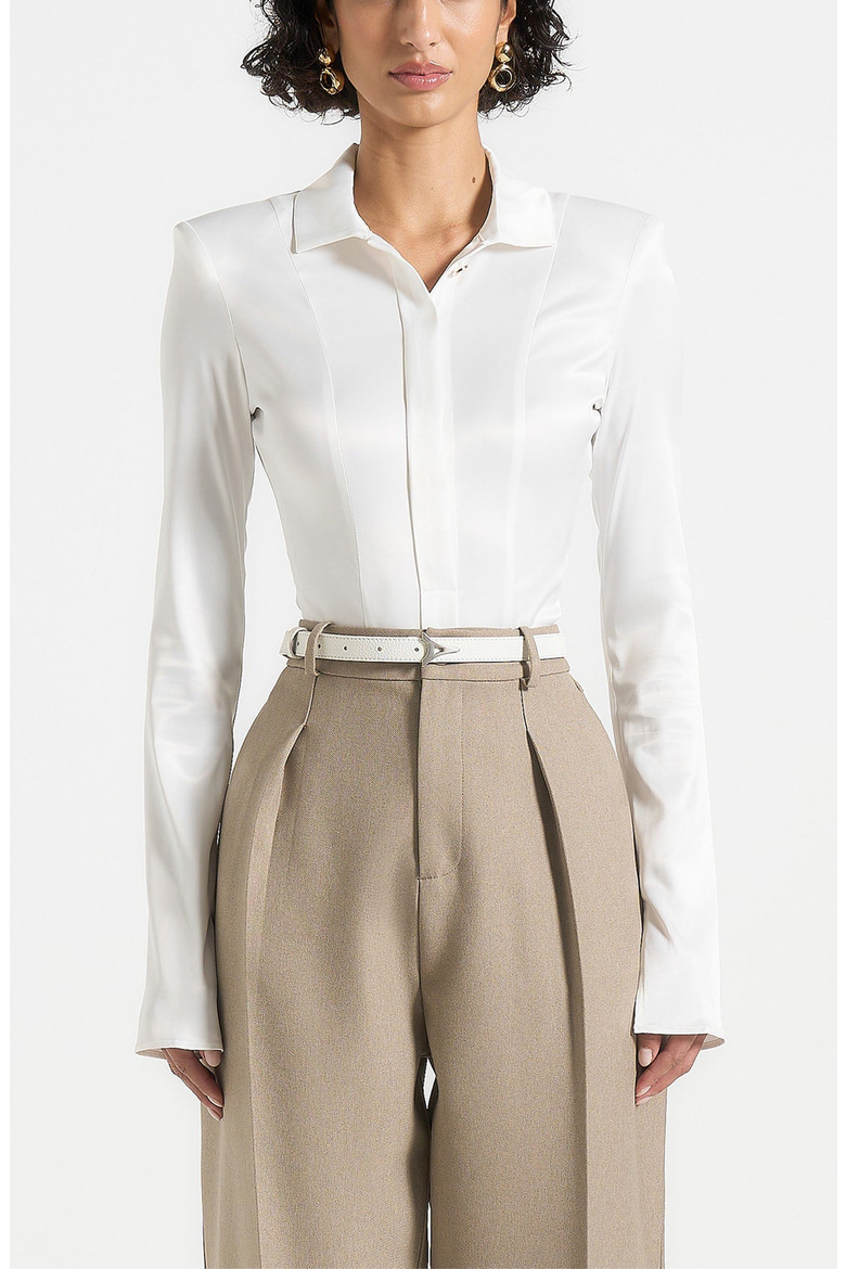 Louise Wide Shoulder Satin Shirt Bodysuit, Alternate, color, Off White