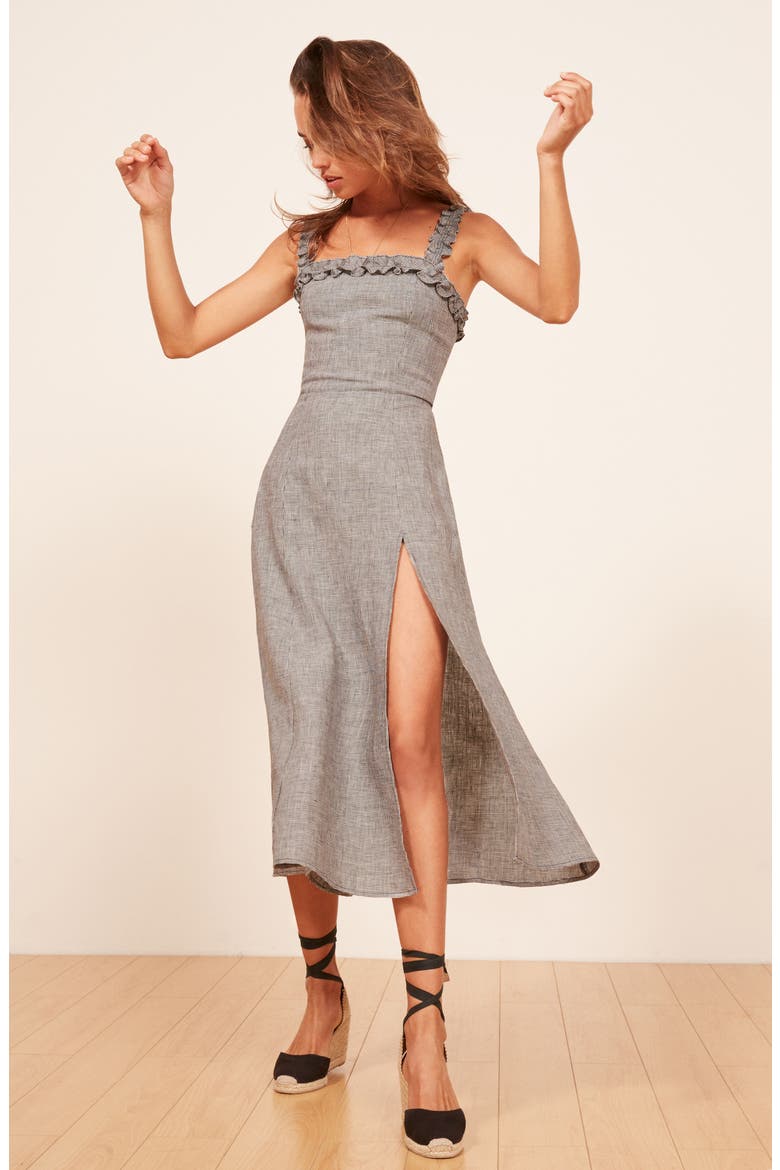Lavender Front Slit Linen Midi Dress, Alternate, color, BOSTON CHECK