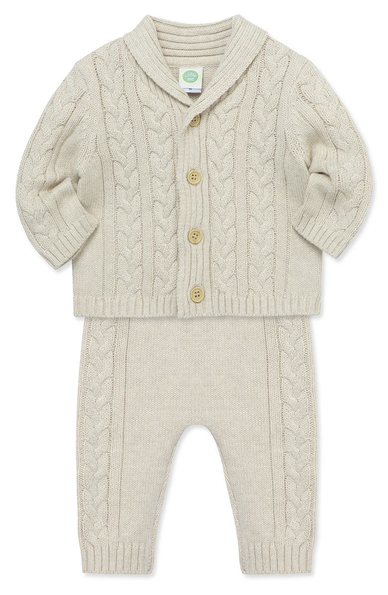 Little Me Cable Cotton Cardigan & Sweater Pants Set, Alternate, color, 