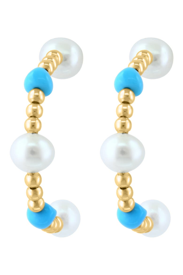 14K Yellow Gold Freshwater Pearl & Turquoise Beaded Hoop Earrings, Alternate, color, BLUE