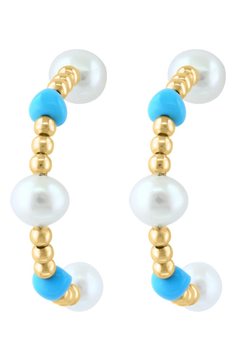 EFFY 14K Yellow Gold Freshwater Pearl & Turquoise Beaded Hoop Earrings, Alternate, color, 