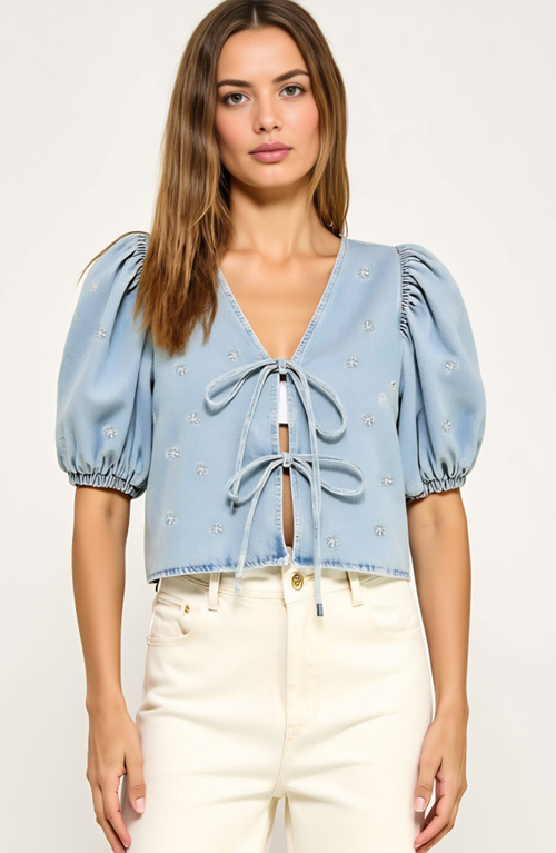 Modenaire Embroidered Bow Puff Sleeve Top With Front Tie Detail And V-neckline