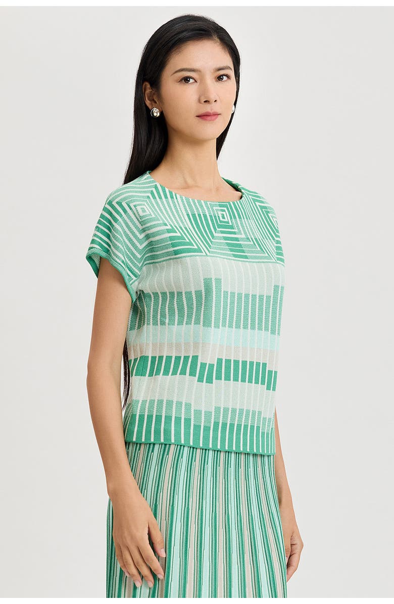 Ming Wang Geometric Jacquard Soft Knit Top, Alternate, color, Kelly Green/Euca/Lime/Ivory