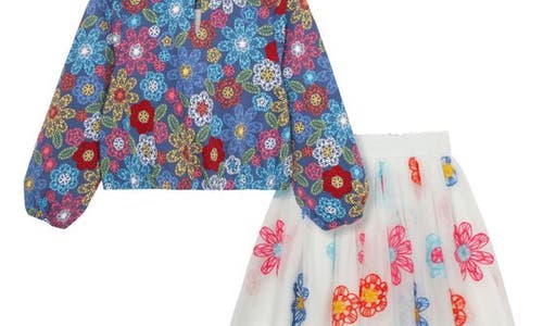 Peek Aren't You Curious Kids' Flower Print Top & Embroidered Tulle Skirt Set In Print
