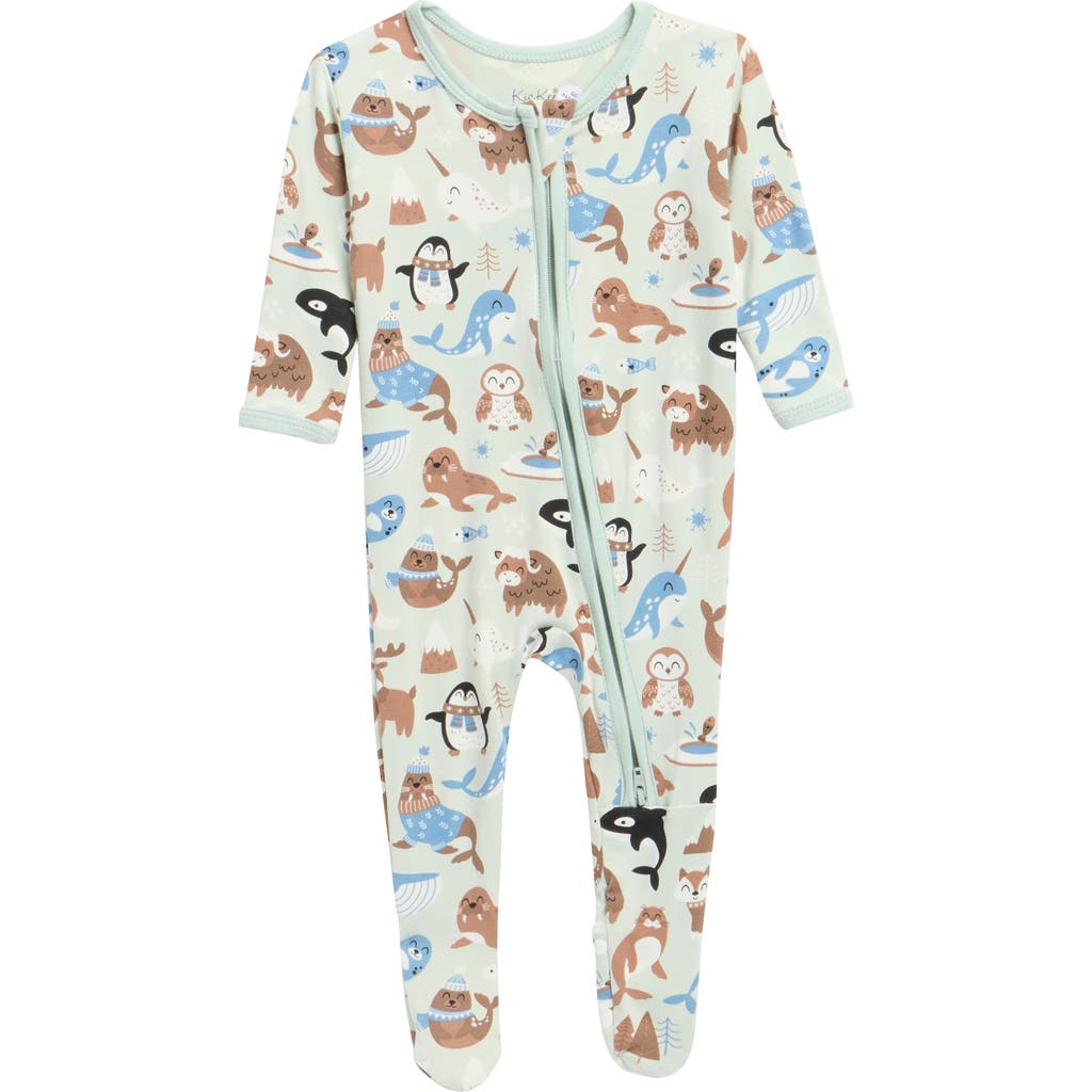 Kickee Pants Babies' Two-way Zip Footie In Aloe Arctic Animals