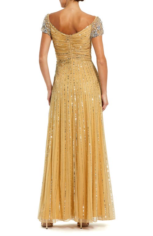 Mac Duggal Striped Sequin Mesh Gown With Beaded Shoulders