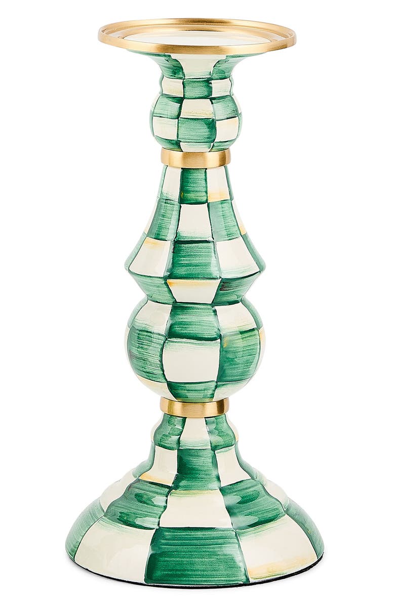 MACKENZIE CHILDS Emerald Check Large Pillar Candleholder, Alternate, color, Emerald