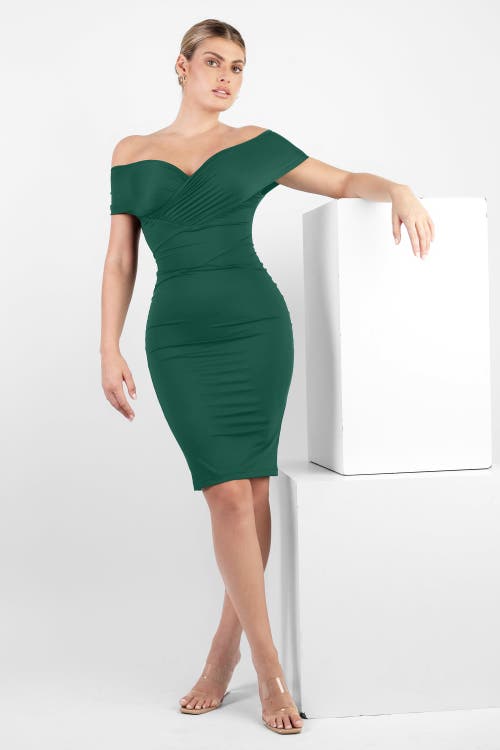Popilush Shapewear Ruched Off-shoulder Sculpting Midi Dress In Bottle Green