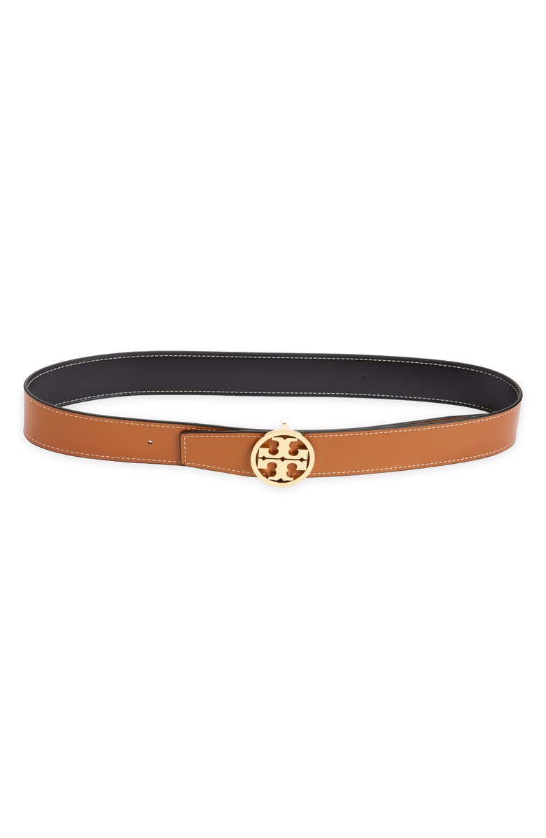 Tory Burch 1.5-Inch Miller Smooth Leather Reversible Logo Belt, Alternate, color, Black / Malt Whiskey