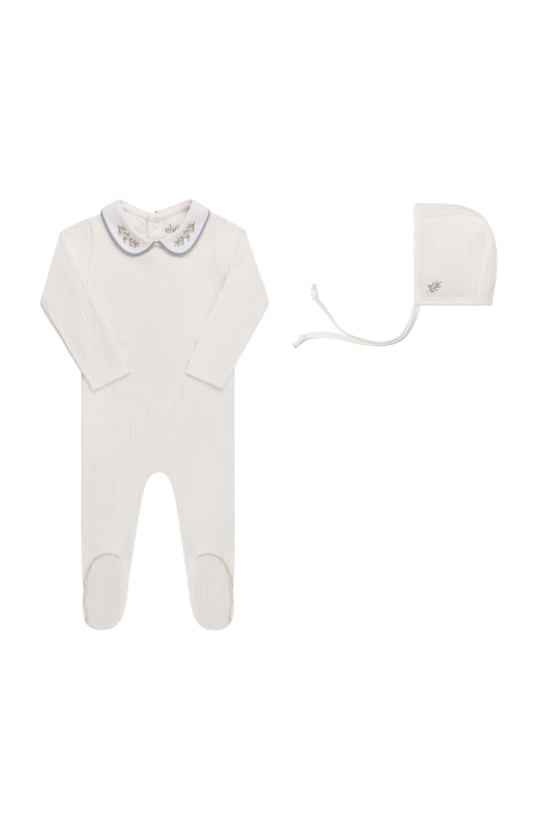 Ely's & Co. Organic Wide Rib Embroidered Scallop Collar Collection - Footie + Bonnet, Main, color, Ivory/ Blue