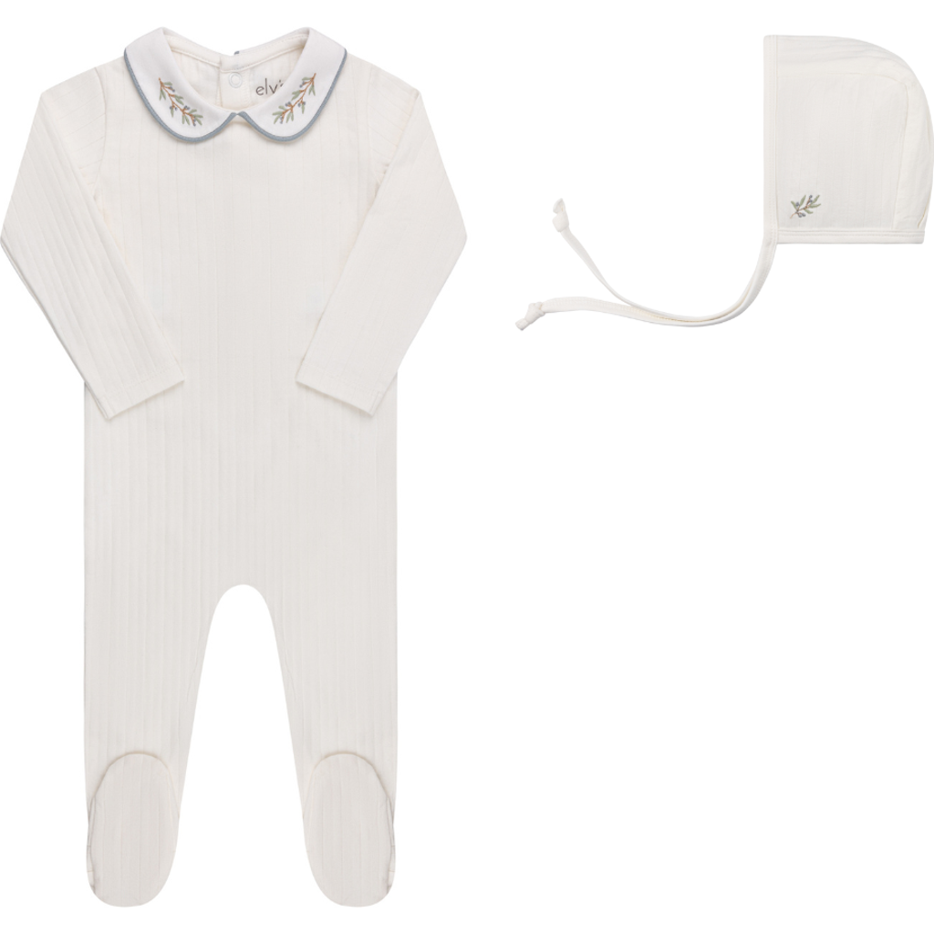 Ely's & Co. Organic Wide Rib Embroidered Scallop Collar Collection In Ivory/blue