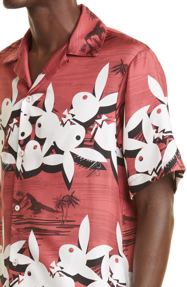 AMIRI Playboy Bunny Logo Silk Camp Shirt, Alternate, color,