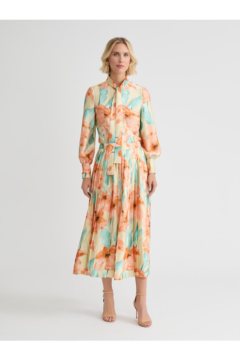 Floral Pleated Crepe de Chine Maxi Skirt, Alternate, color, Sunglow/Mystic Green