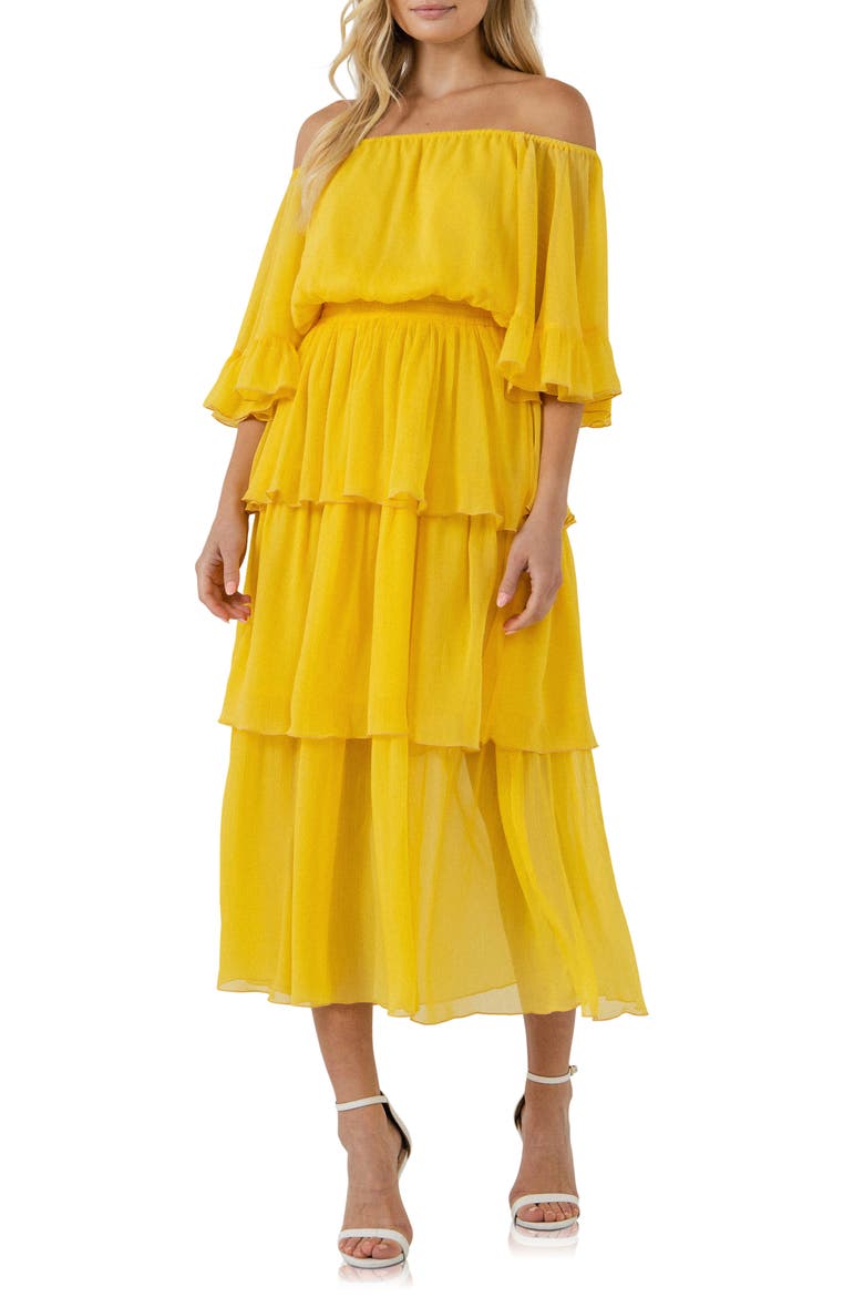 Off the Shoulder Tiered Chiffon Dress, Main, color, YELLOW