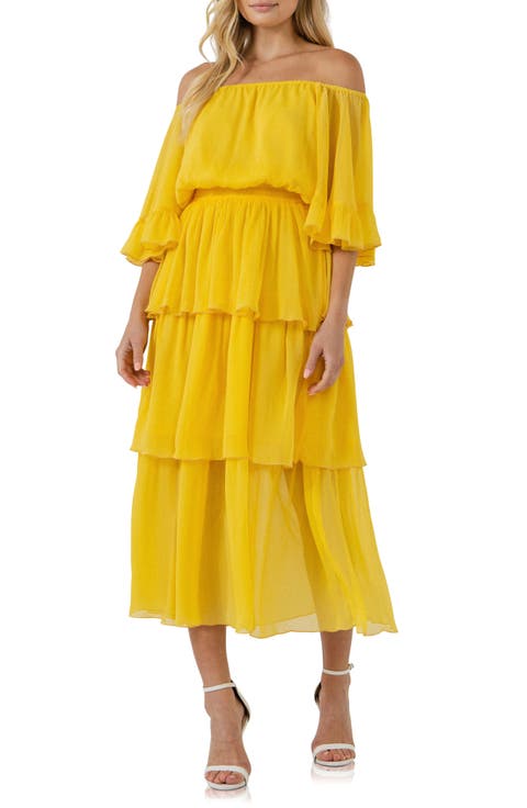 Off the Shoulder Tiered Chiffon Dress
