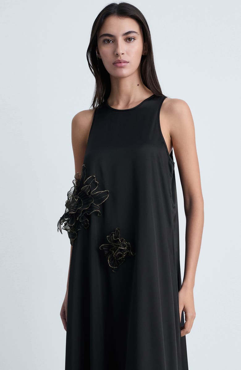 Floral Appliqué Satin Maxi Dress