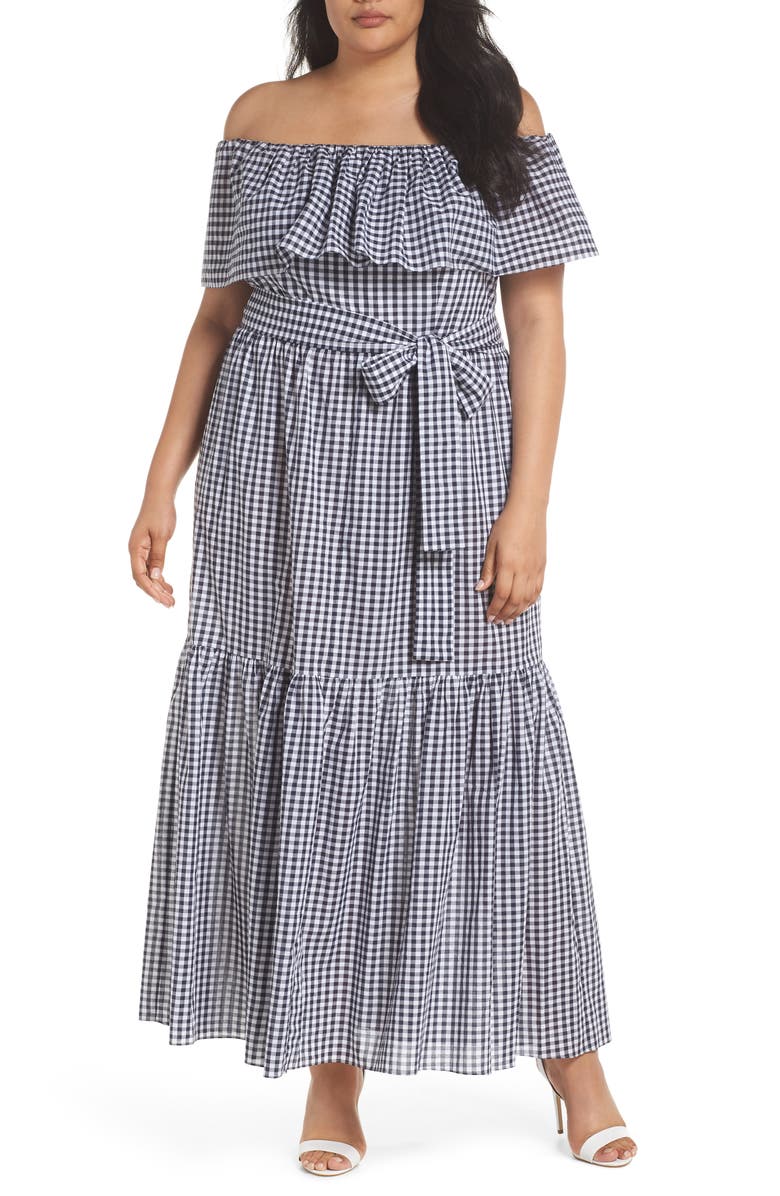Chelsea28 Off the Shoulder Gingham Maxi Dress, Main, color,