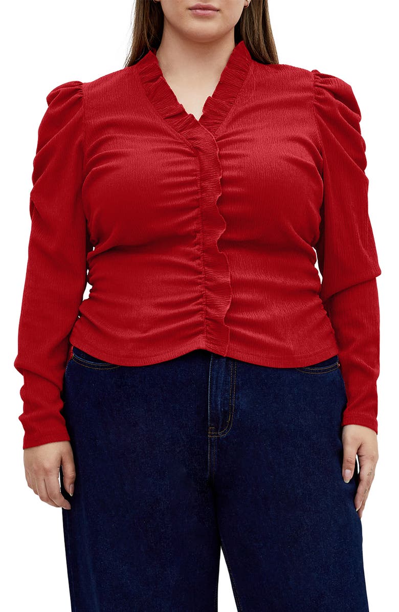 City Chic Anika Ruffle Trim Ruched Top, Main, color, Bordeaux