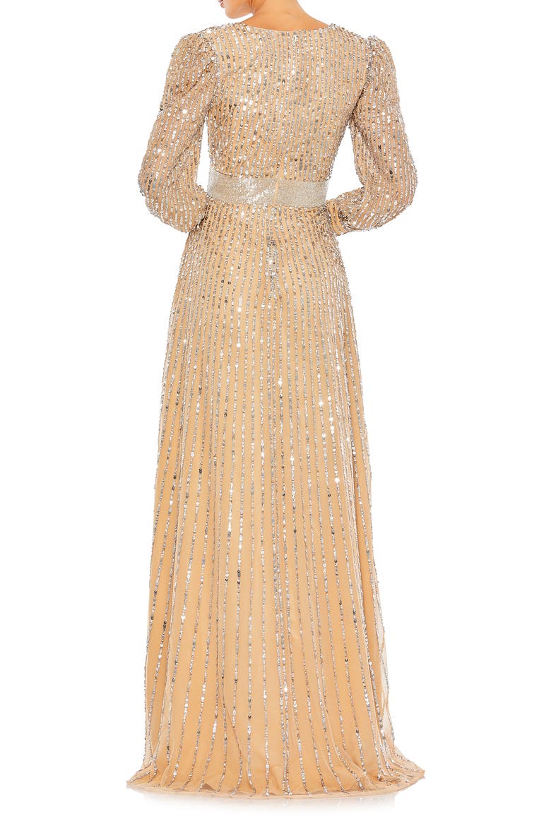 Sequined Wrap Over Bishop Sleeve Gown, Alternate, color, VANILLA SILVER
