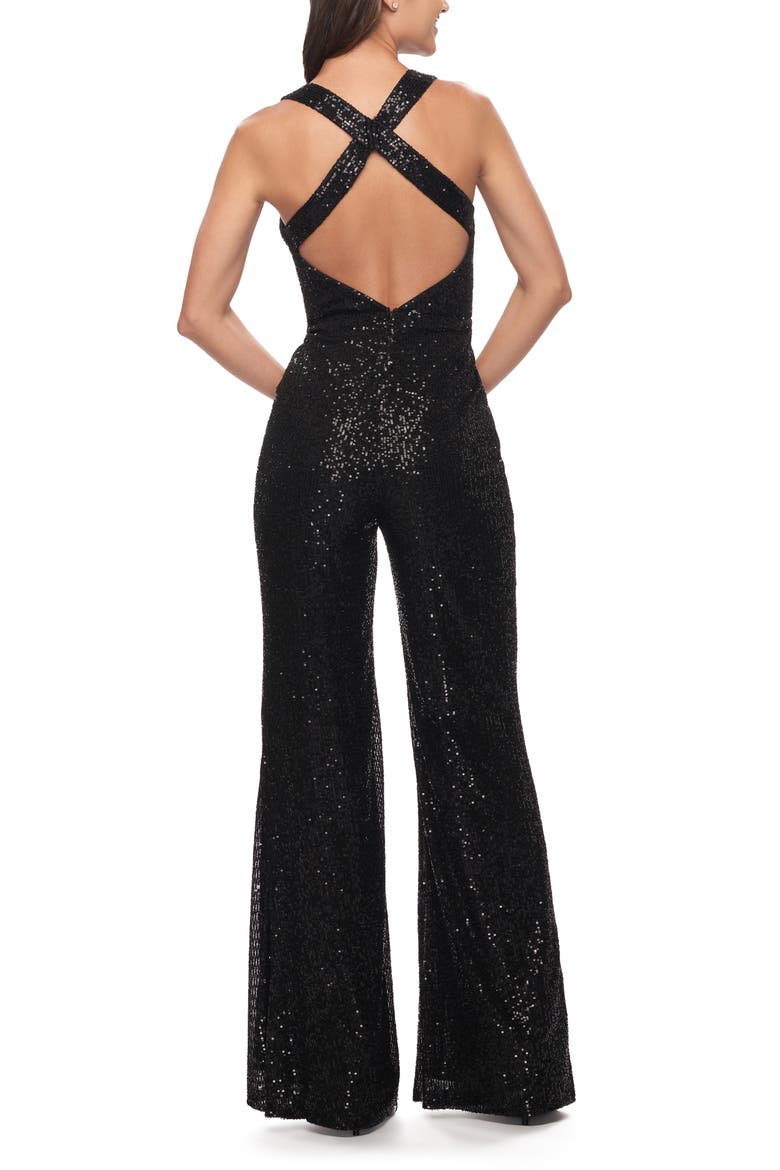 Surplice Sequin Jumpsuit, Alternate, color, BLACK