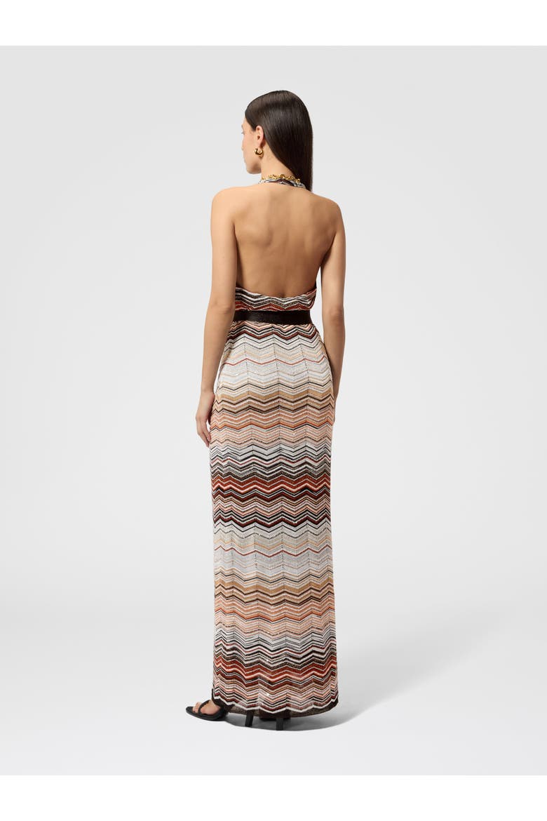 Sleeveless Long Dress In Viscose Chevron Lamé With Sequins, Alternate, color, Red & Beige