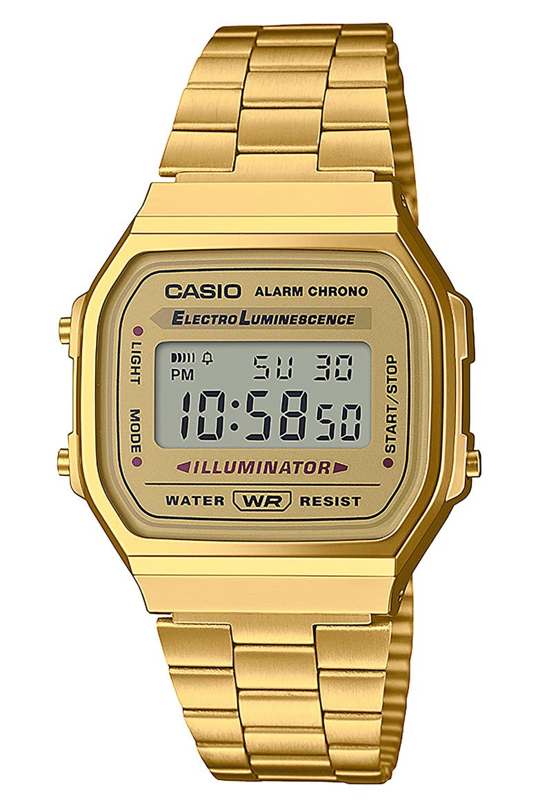 Vintage A168WG-9VT Digital Bracelet Watch, 33.5mm x 28.6mm, Main, color, GOLD