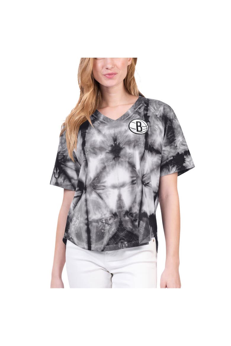 Women's G-III 4Her by Carl Banks Black Brooklyn Nets Tournament Raglan Oversized Tie-Dye V-Neck T-Shirt, Alternate, color, Black