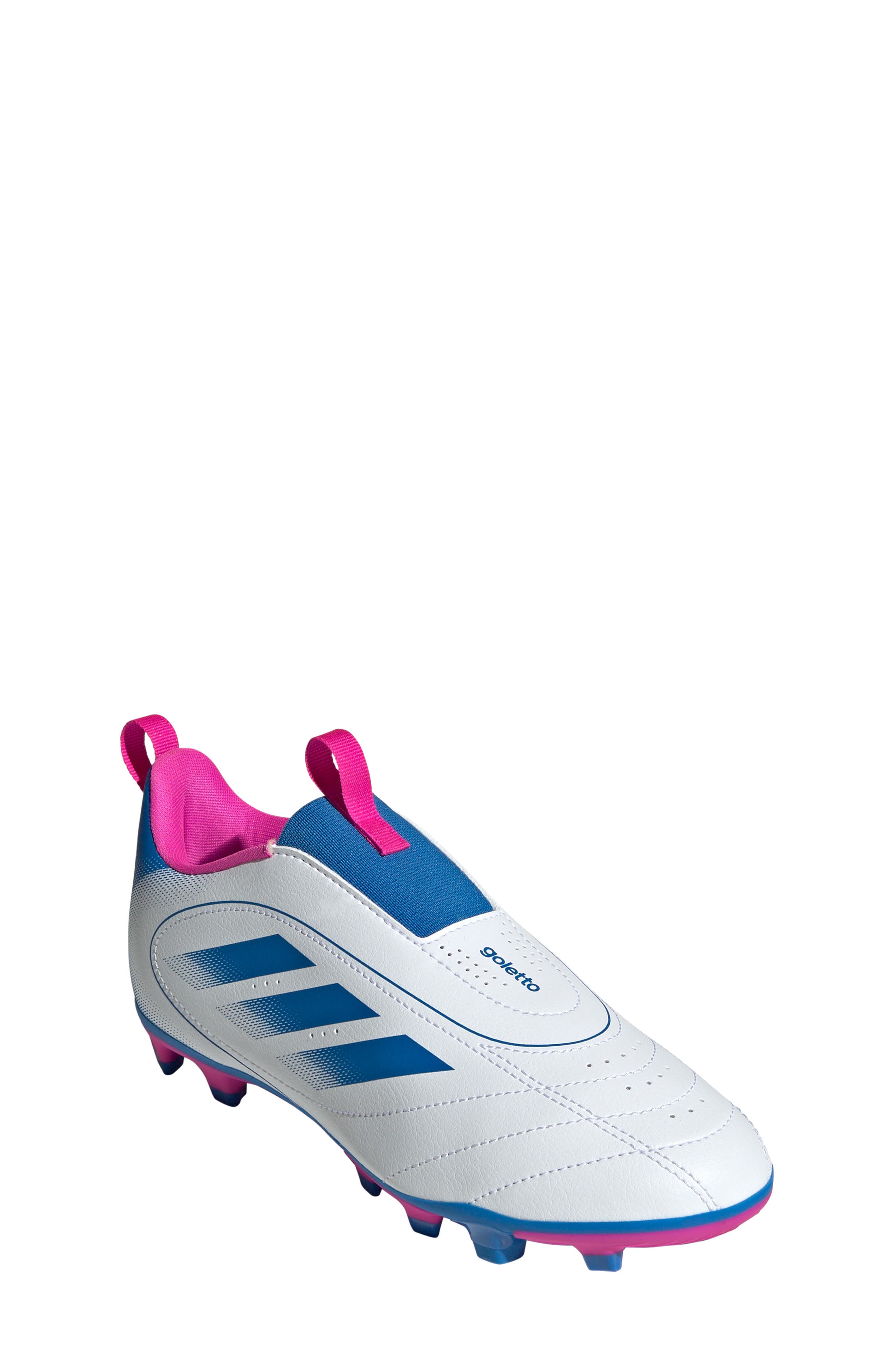 adidas Goletto IX Laceless Soccer Cleat, Main, color, White/ Bright Royal/ Pink