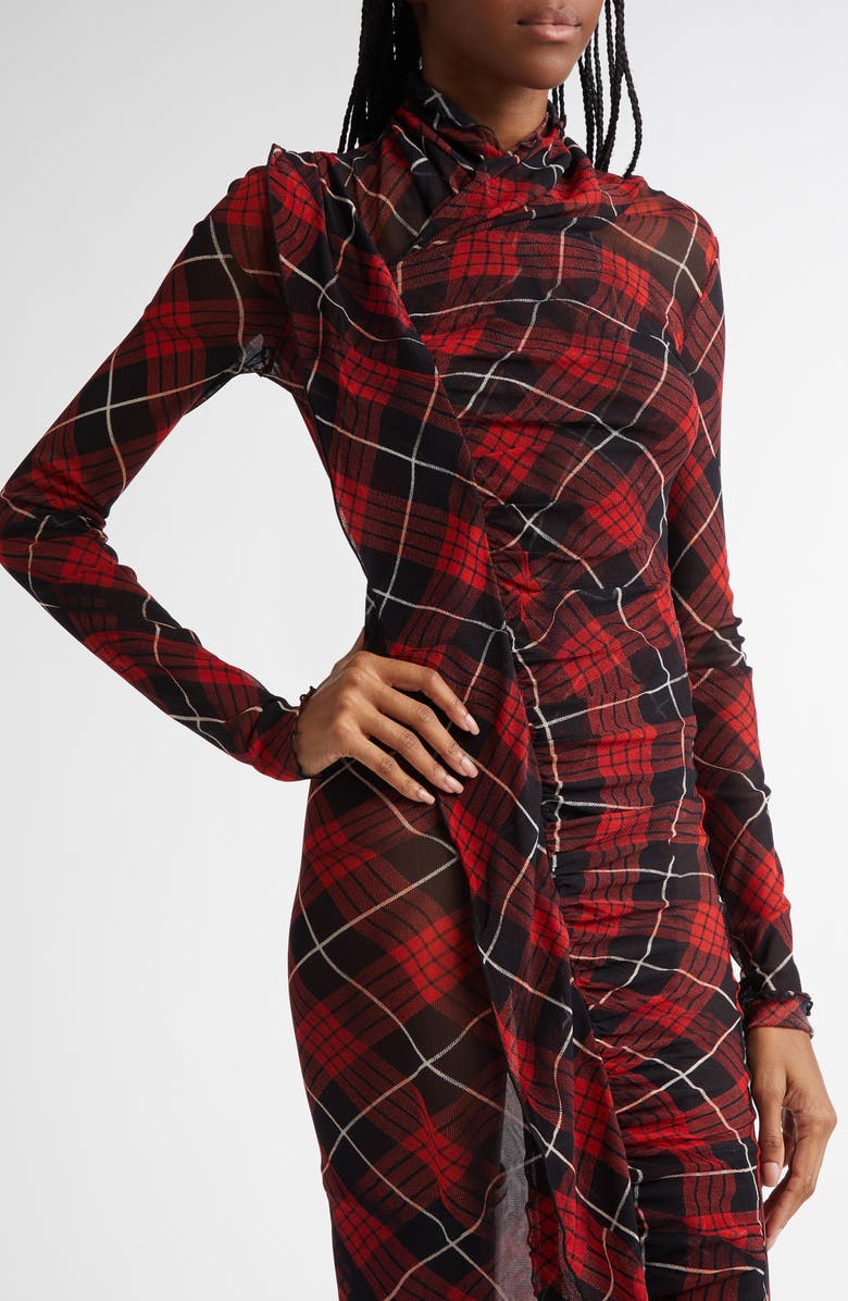 Jean Paul Gaultier Draped Plaid Long Sleeve Mesh Midi Dress, Alternate, color, 