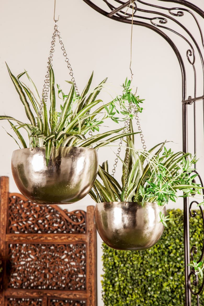 Silvertone Metal Indoor & Outdoor Hanging Dome Wall Planter with Chain - Set of 2, Alternate, color, SILVER