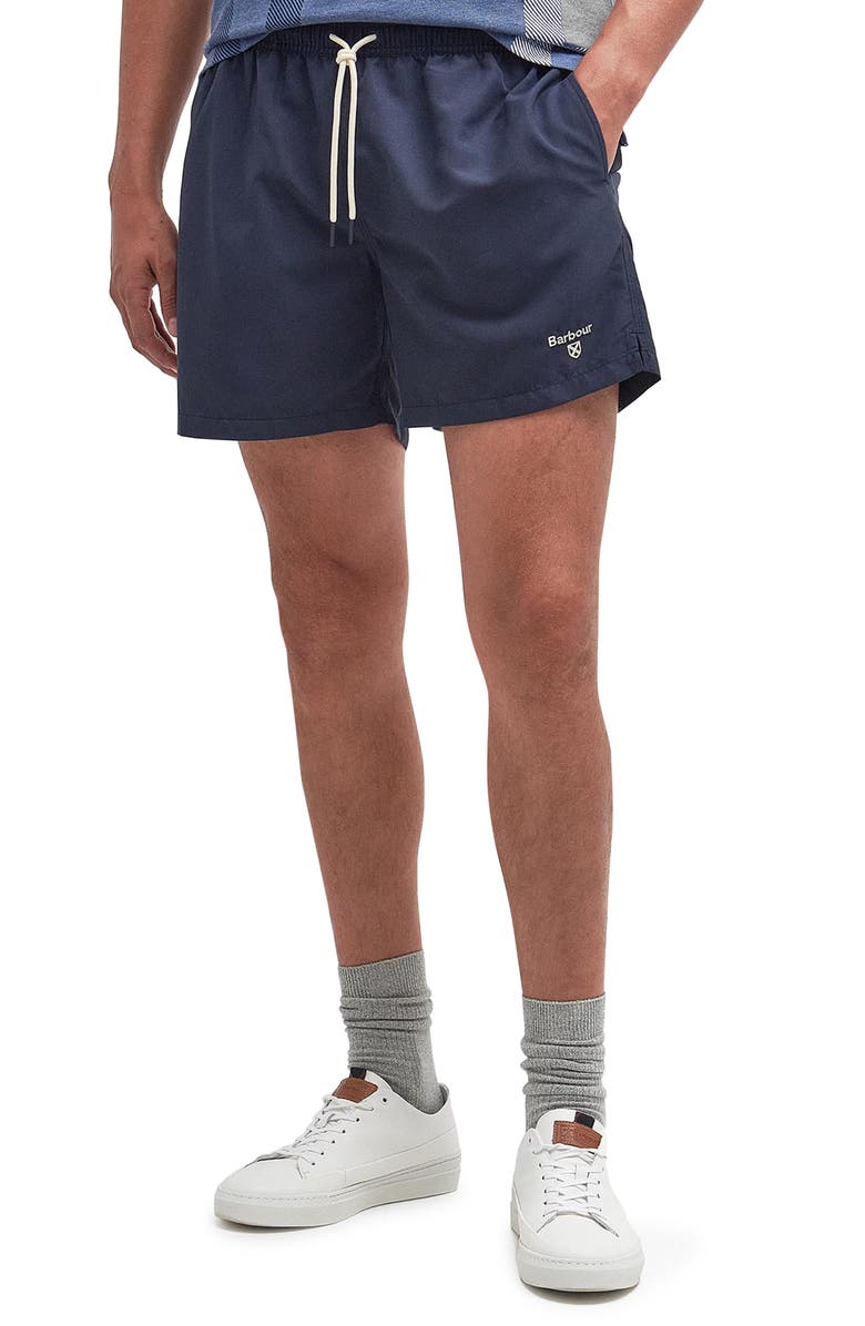 Barbour Staple Logo Embroidered Swim Trunks, Main, color, Navy