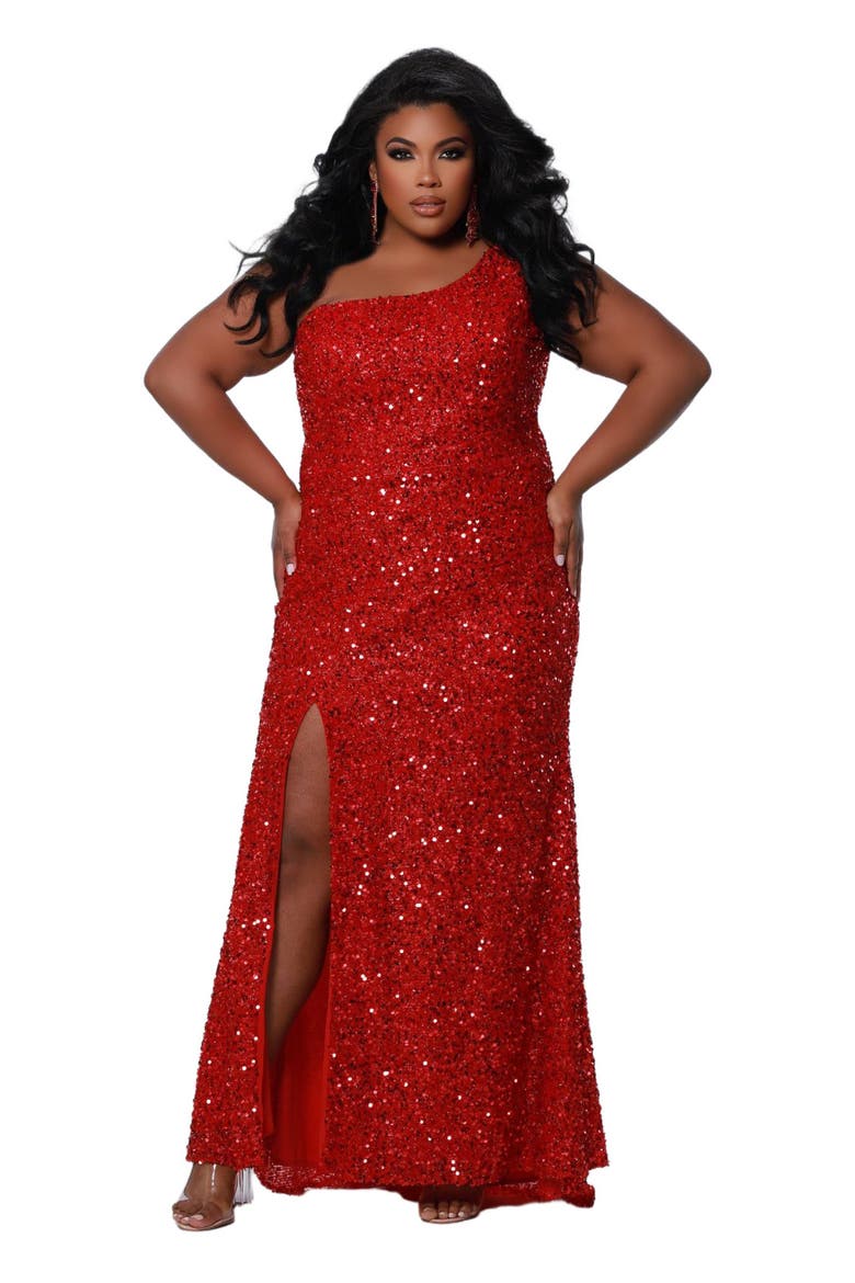 One-Shoulder Sequin Plus Size Evening Gown, Alternate, color, Ruby