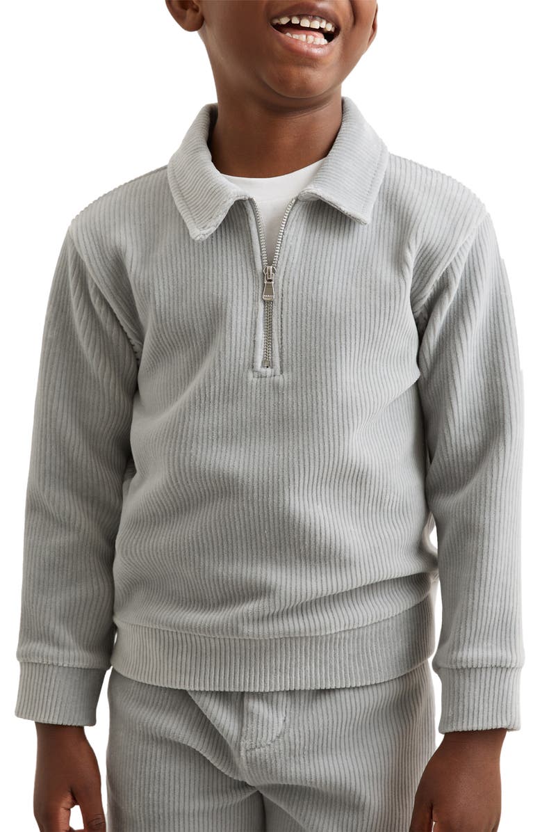 Reiss Kids' Bert Long Sleeve Cotton Corduroy Zip Polo Sweatshirt, Alternate, color, Soft Grey