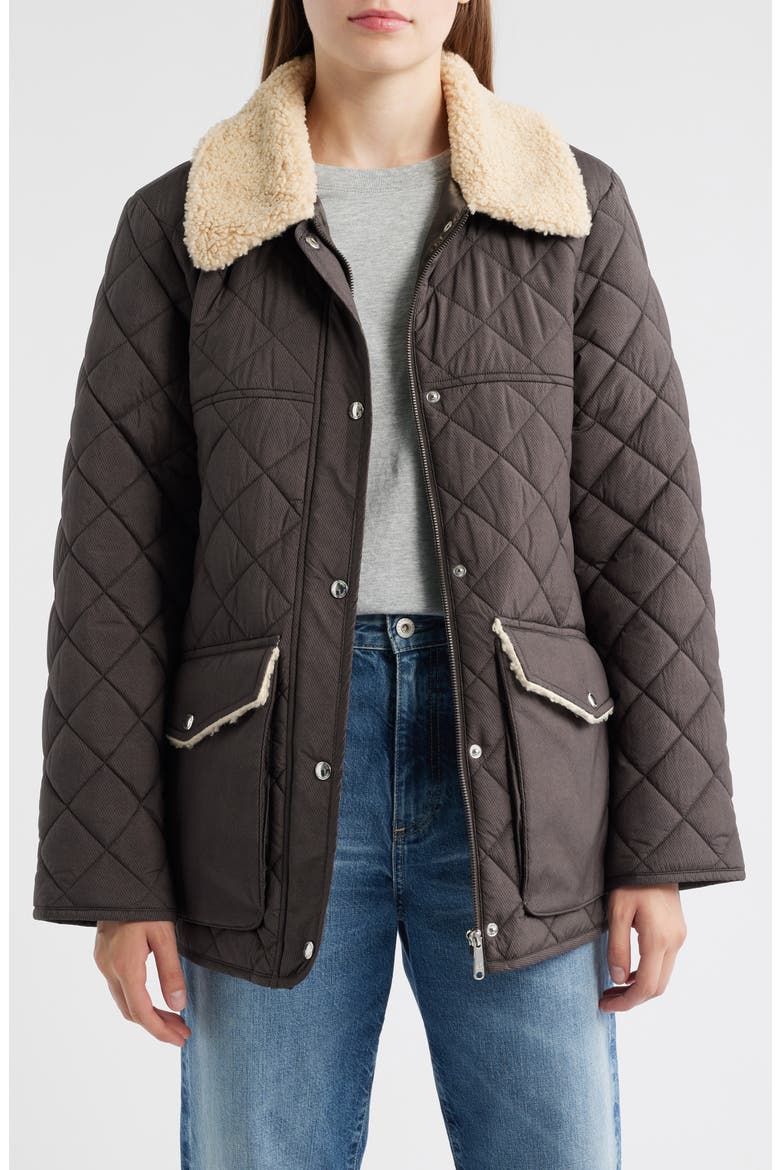 Quilted Twill Jacket With Faux Shearling Collar, Alternate, color, BROWN/ BLACK DENIM